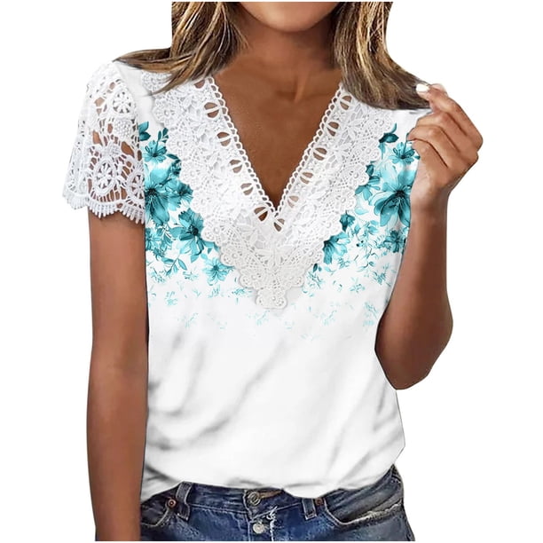 V Cuello Manga Corta Tops para las Mujeres Tops de Verano V Cuello, Moda Plegado Impreso Casual Botón Blusa Primavera