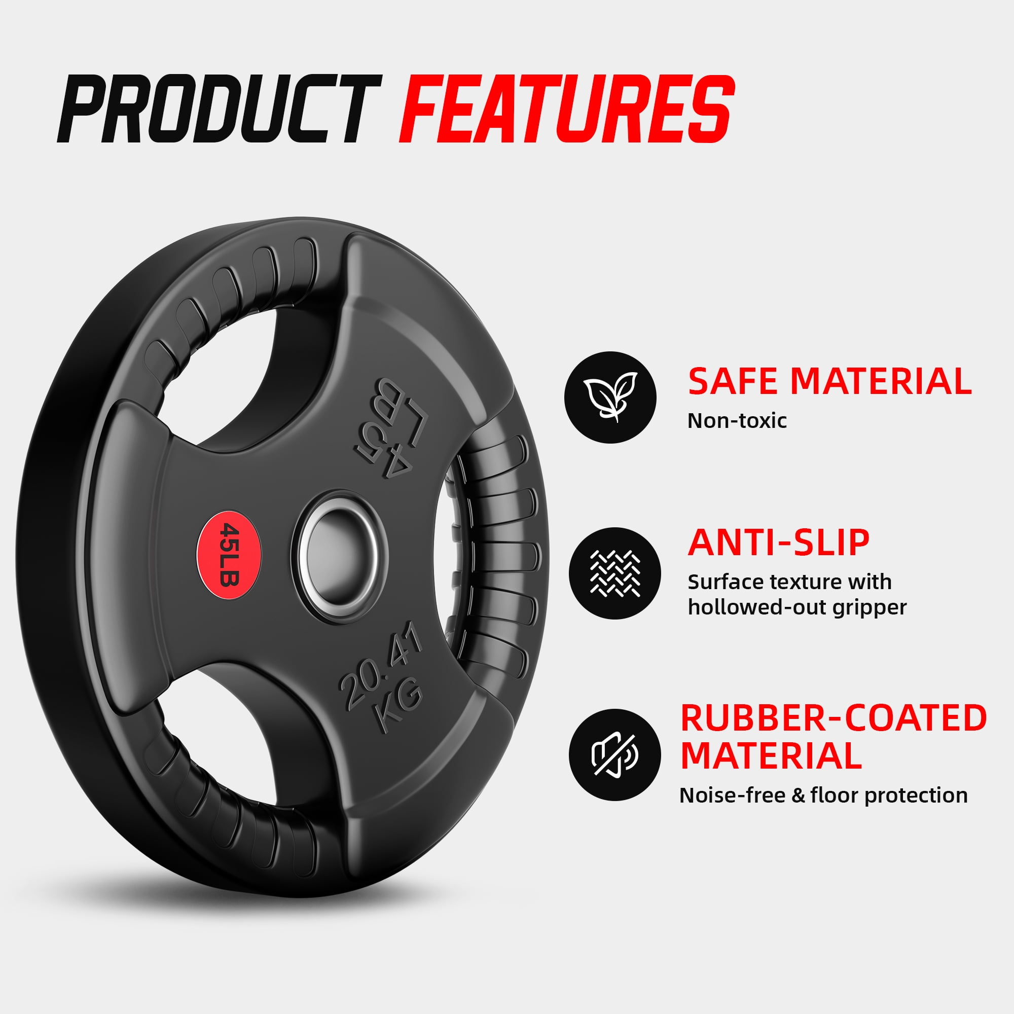 Signature Fitness 3-Grip Olympic Rubber Weight Plates, 2.5LB–45LB, Black with Red Label, Pair or 4-Pack