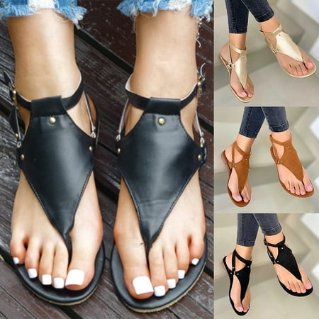 

Xinyolin Women Flip Flops Clip Foot Buckle Rivet Faux Leather Flat Heel Anti-slip Roman Sandals for Beach
