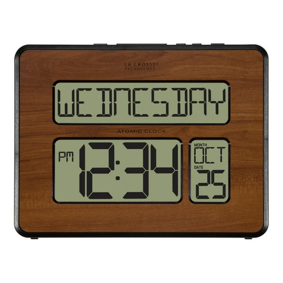 La Crosse Technology Atomic Full Calendar Digital Clock with Extra Large Digits, Walnut, 513-1419-WA