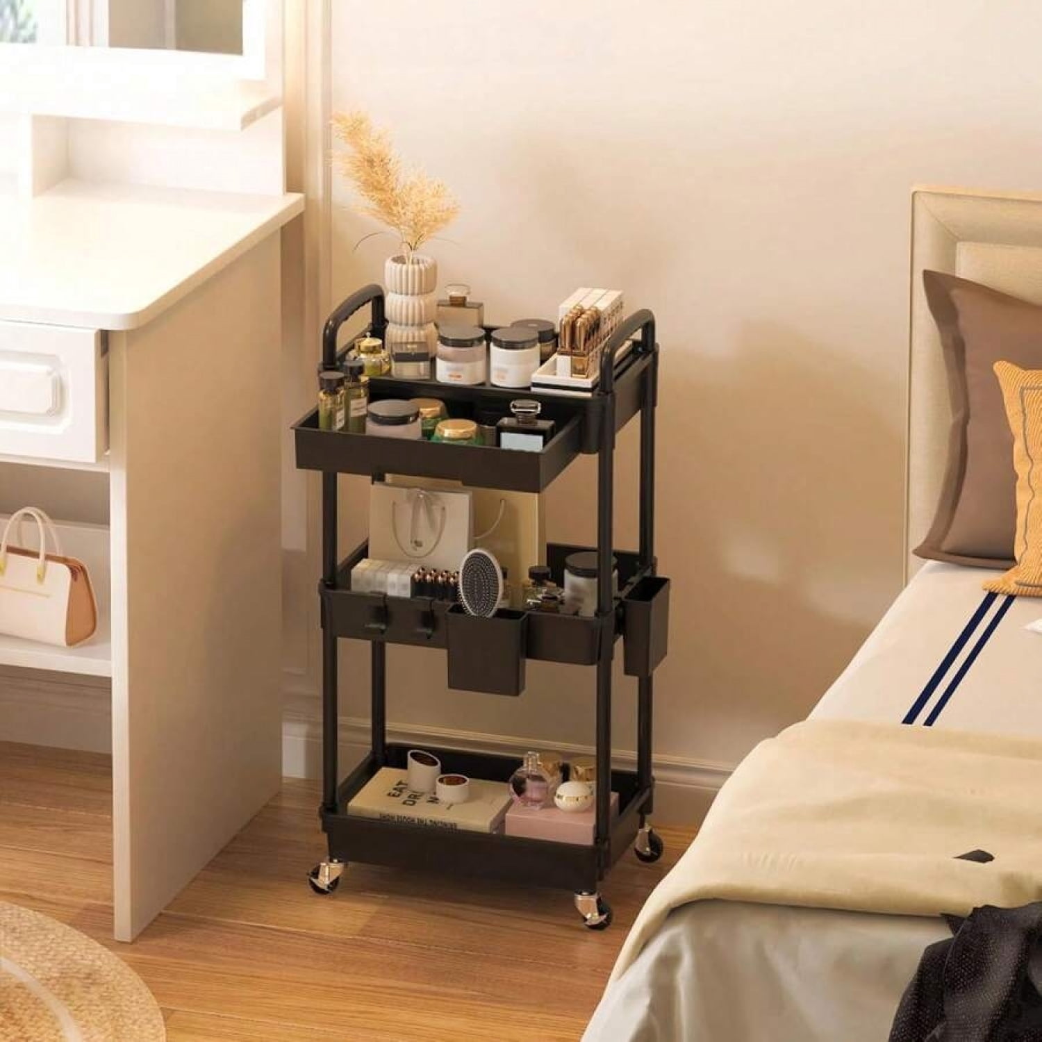 NTGFU 3 Tier Rolling Storage Cart with Drawers,Room Decor,Bathroom Decor,Rolling Utility Cart Rolling Storage Organizer Tool for Kitchen,Bathroom,Living Room,Office Outdoor Decor - Black