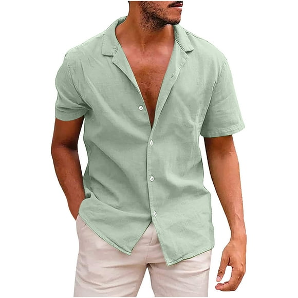 Txeol Daily Deals Mens Short Sleeve Button Up Shirts Linen Cotton Beach Tops Summer Casual Solid Color Classic Lapel Tees,Green,L
