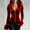 thumbnail image 3 of Iyufng Fitted Velvet Zip Up Jackets for Women Long Sleeve with Faux Fur Collar and Cuffs Slim Cropped Outerwear, 3 of 7