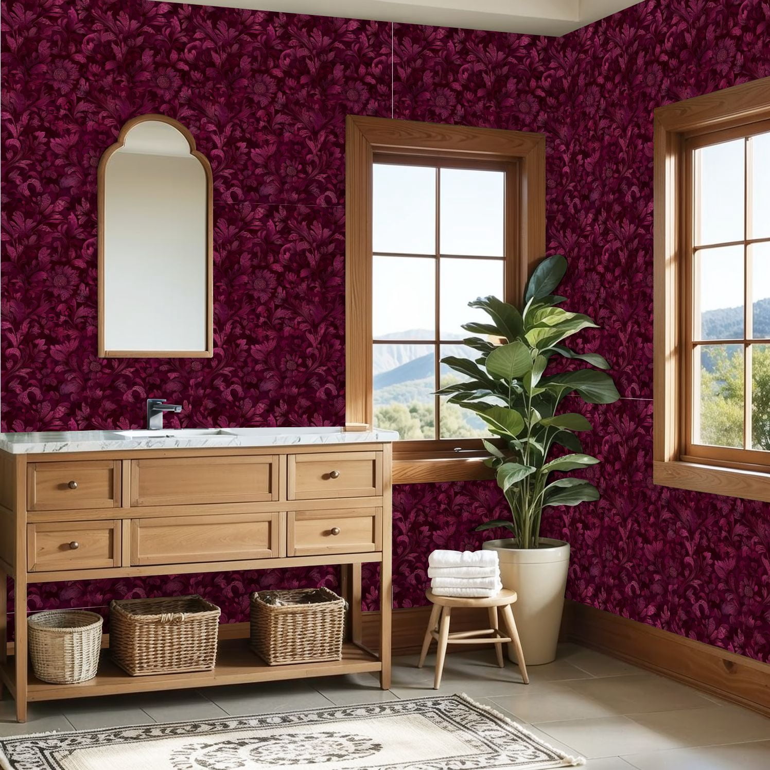 Peel and Stick Wallpaper 23.6in x 9.8ft Luxurious Burgundy Damask Floral Vintage Contact Paper Vinyl Waterproof Self Adhesive Wall Paper for Bedroom Shelf Cabinet Renter Friendly