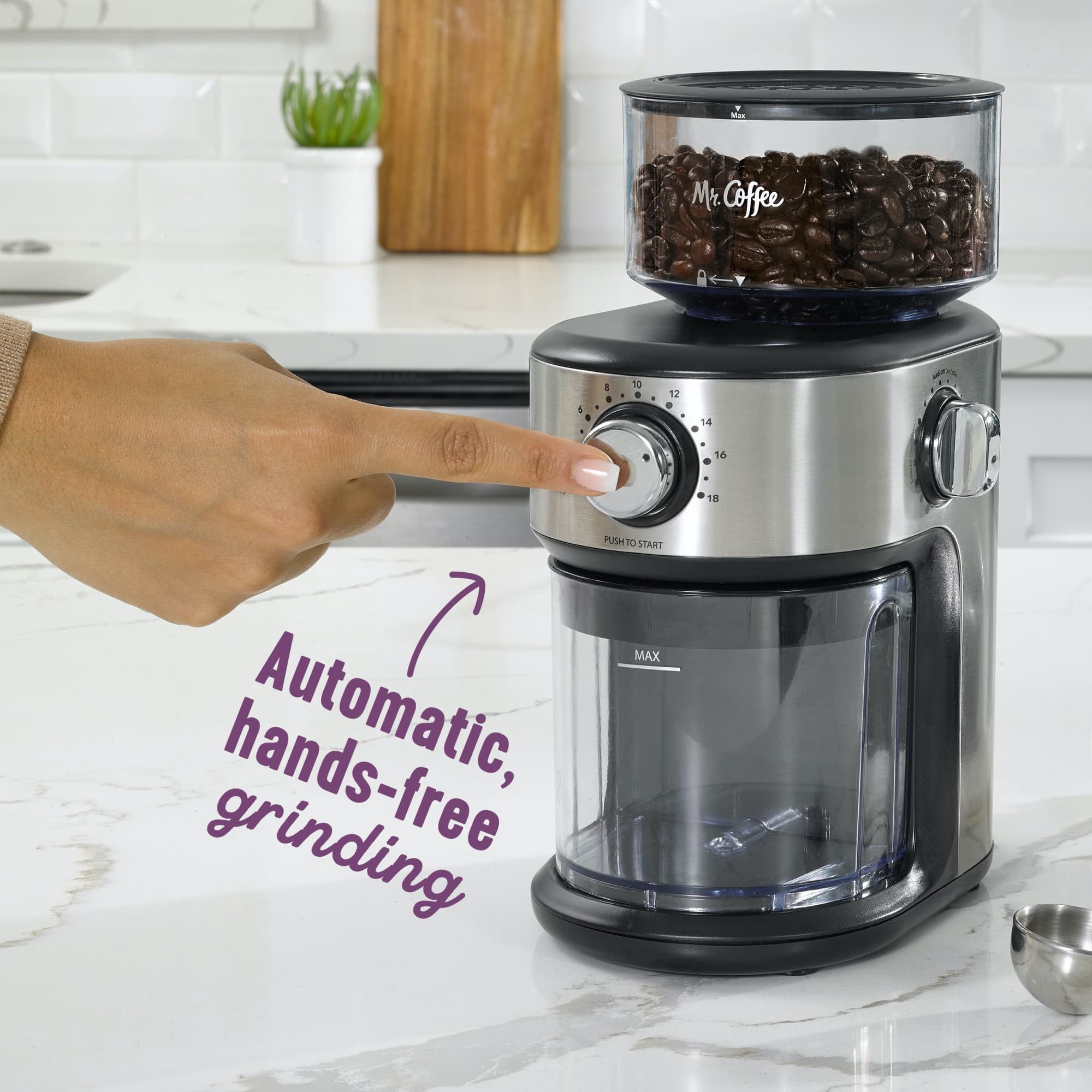 Mr. Coffee Cafe Grind 18 Cup Automatic Burr Grinder with Removable Bean Hopper and Grind Chamber | Stainless Steel