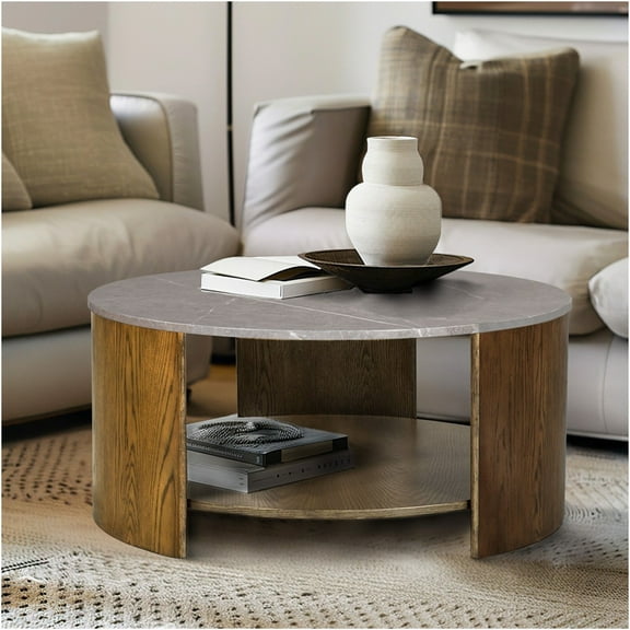 JERFIT 36 inch Round Oak Coffee Table with Faux Marble Top and Storage Shelf, Modern Living Room Center Table