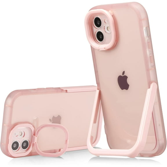 Kickstand Case for iPhone 12 6.1 inch, 2 Stand Modes Built-in Camera Ring Stand Clear Soft Slim Back Cover with Invisible Stand Anti-Scratch Durable Shockproof Protective Bumper Case - Pink