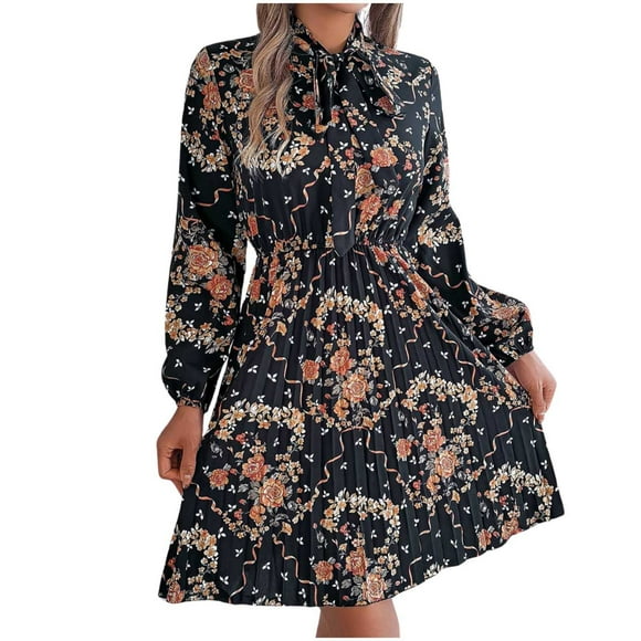TSADFHJI Sparkly Skirt for Women Long 2024 Ladies Elegant Floral Lace up Waist Long Sleeved Pleated Skirt S Black