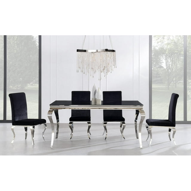 Black Tempered Glass Top & Velour Chairs Dining Set 5Pcs Global USA D858DT