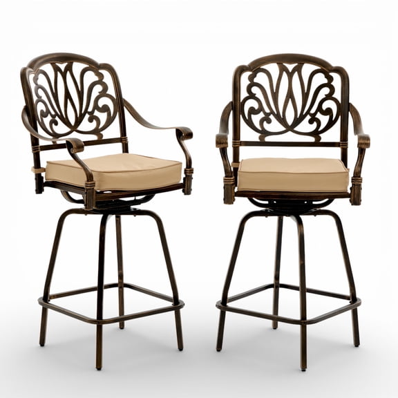 Outdoor Bar Chairs with 360° Swivel, Premium Cast Aluminum Outdoor High Top Bar Stools with Removable Cushions, Patio Chairs Set of 2 for Backyard, Poolside, Balcony