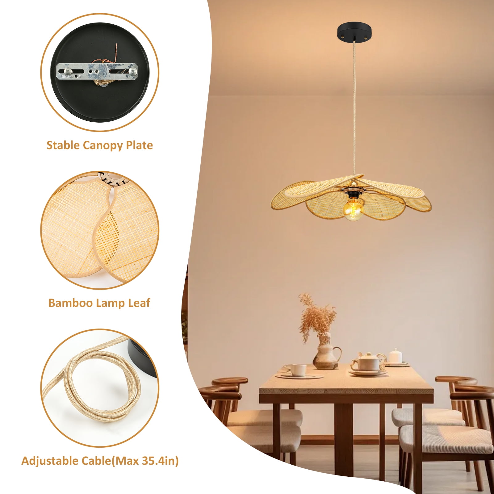 Bamboo Pendant Light Fixture, 24 Inch Flower Handwoven Rattan Lampshade 5”-34.5” Adjustable Height Hanging Lights, Boho Chandelier Ceiling Hanging Lamp for Living Room Kitchen Bedroom(Not Bulb)