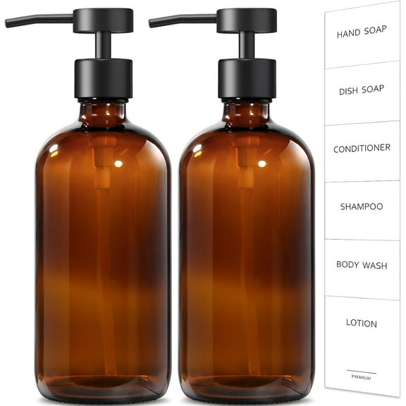 Amber Glass Soap Dispenser, 2 Pack Bathroom Hand Wash Soap Dispenser with Stainless Steel Pump, 17 Fluid Ounces Kitchen Hand Wash and Dish Soap Dispenser Set, Modern Vintage Liquid Brown Soap Dispens