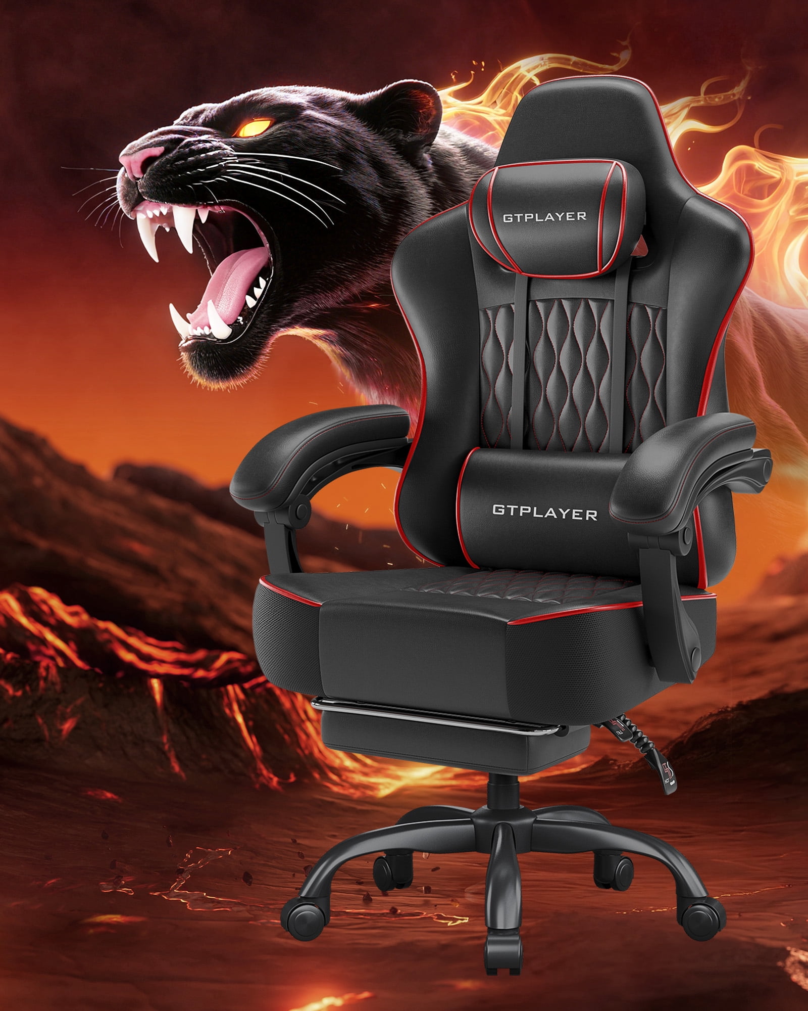 GTPLAYER Ergonomic Gaming Chair with Footrest and Lumbar Support, BlackRed