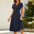 thumbnail image 2 of XUNKUSGA Womens Summer Dresses Classic Polka Dot V-Neck Short Sleeve Women's Dresses Fashion Slim Fit Button Down A Line Dresses for Women Floral Print Knee-Length Dress S-2XL Blue, 2 of 8
