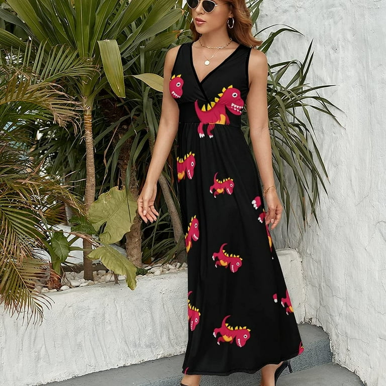 Dinosaur Women s Sleeveless Loose Maxi Dress Deep V Neck Casual