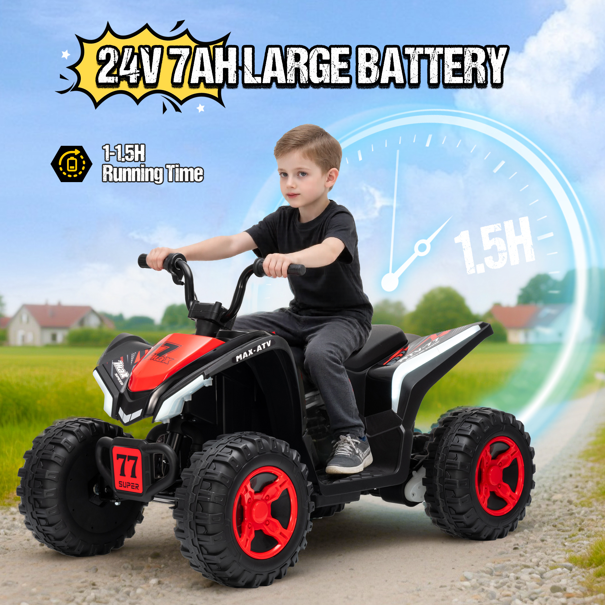 Kids ATV 4 Wheeler, Two Seater 24V Ride On Toy for Big Kid w/Unique LED Light, Music, Wireless, Story, 24 Volt Ride on Car Electric Quad for Boys Girls, Red