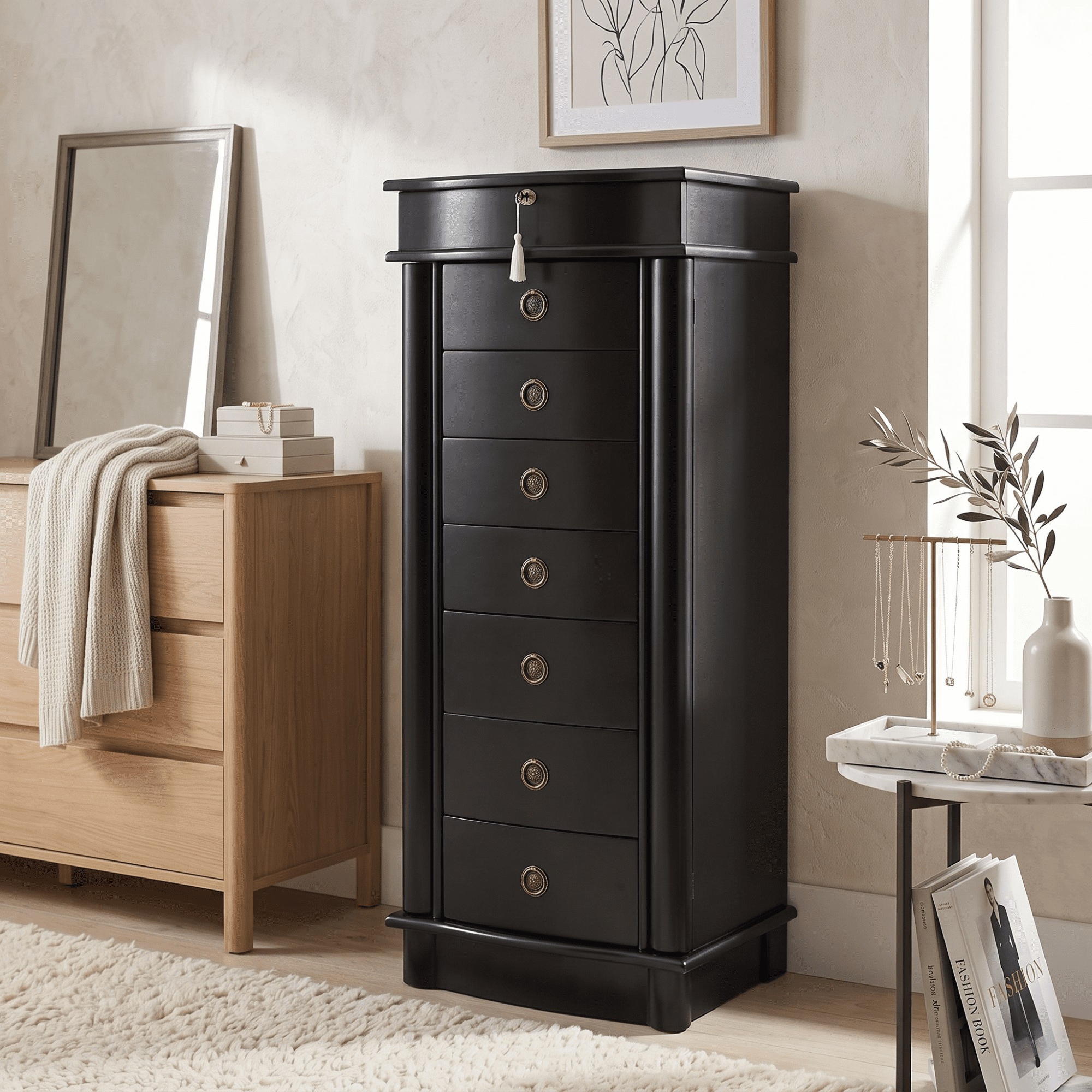 Hives and Honey Nora Traditional Jewelry Armoire with Locking Compartment and Ample Storage, Black