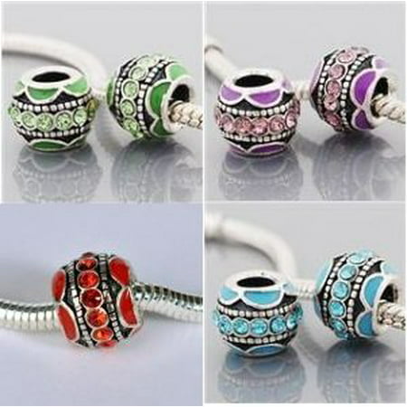 Pack of Four (4) Green, Blue, Purple, Red Enamel Rhinestone Charm Bead. Compatible With Most Pandora Style Charm