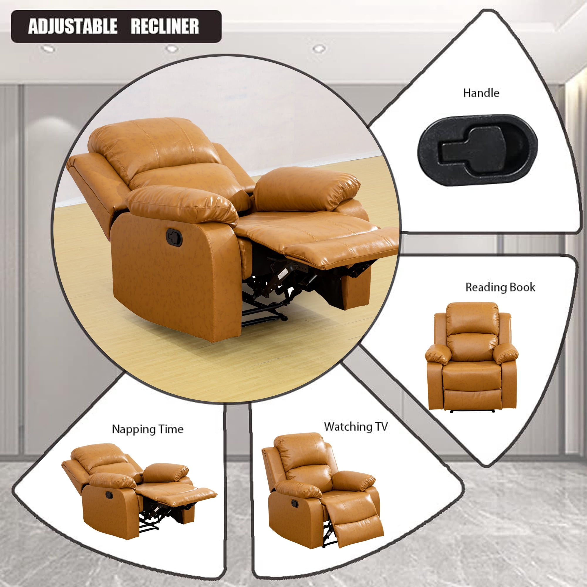 Aukfa Leather Recliner Chair, 38" Overstuffed Armchair Living Room Read Chair for Adults, Ginger