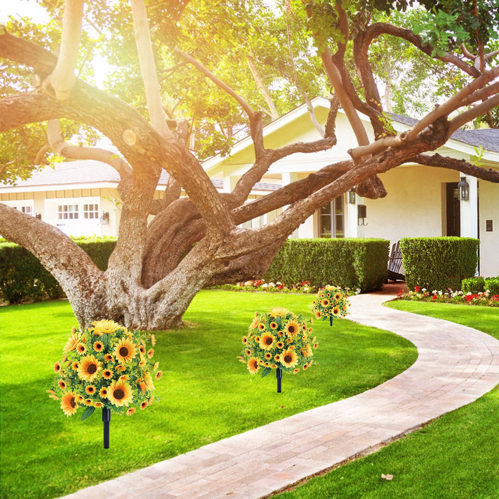2PCS Artificial Boxwood Topiary Ball Trees with Sunflowers for Outdoor with Ground Spik, UV Resistant Faux Greenery Shrubs, Fake Boxwood Plants for Indoor, Garden, Yard, Porch, Patio Decor