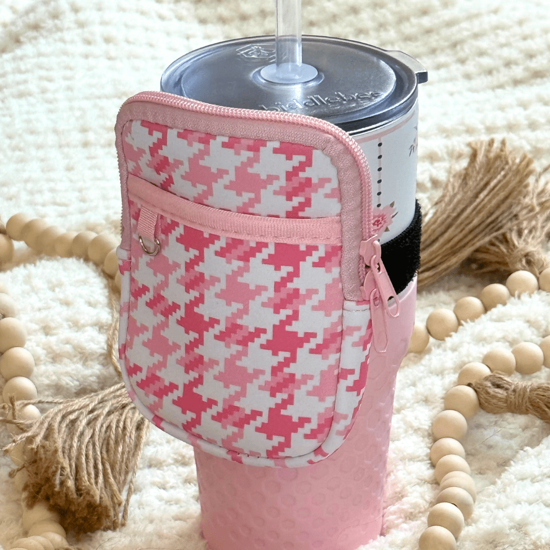 Biddlebee Water Bottle & Tumbler Bag Pouch Drinkware Accessory, Pink Check