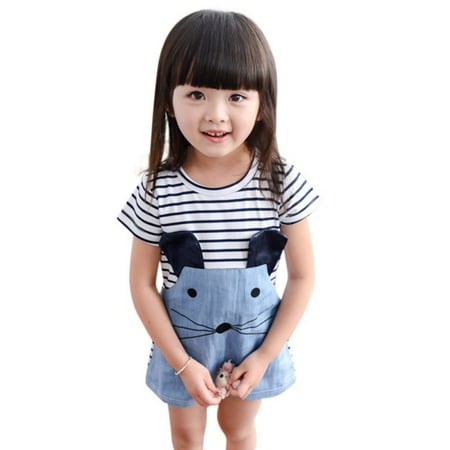 

Summer Girls Cartoon Denim Cotton Striped Short Sleeve Dress for 2-7years