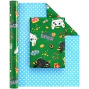 Gaming Wrapping Paper Roll - 1 Roll Birthday Reversible Wrapping Paper Roll Video Game Wrapping Paper Kids Boys Happy Birthday Party Gift Wrap Green Wrapping Paper 17” x 33 ft