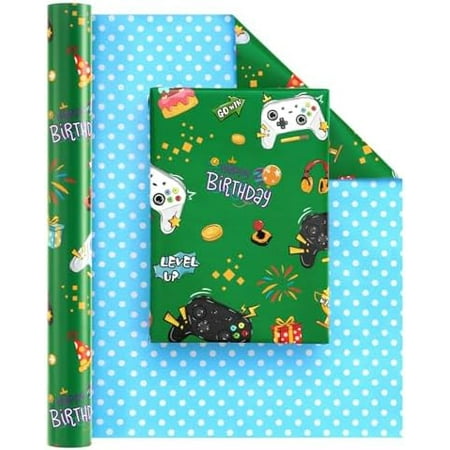 Gaming Wrapping Paper Roll - 1 Roll Birthday Reversible Wrapping Paper Roll Video Game Wrapping Paper Kids Boys Happy Birthday Party Gift Wrap Green Wrapping Paper 17” x 33 ft