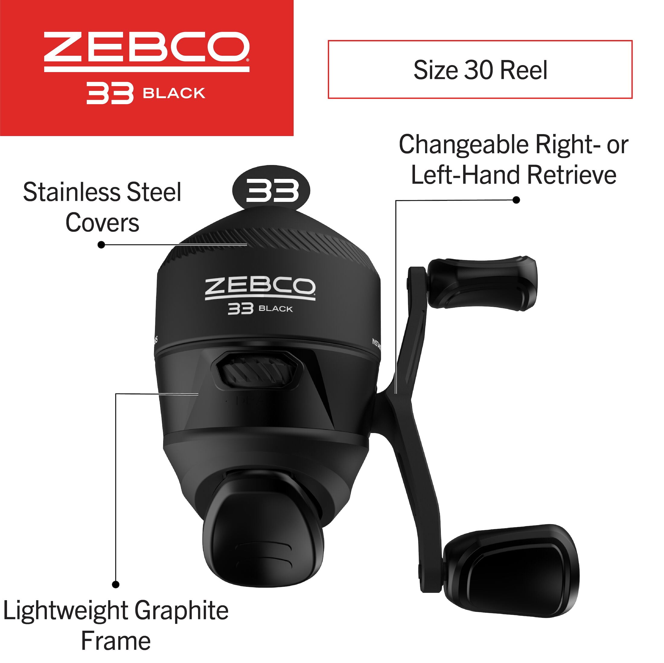 Zebco 33 Black Spincast Reel and Fishing Rod Combo, 6-Foot Rod, Size 30 Reel, Black
