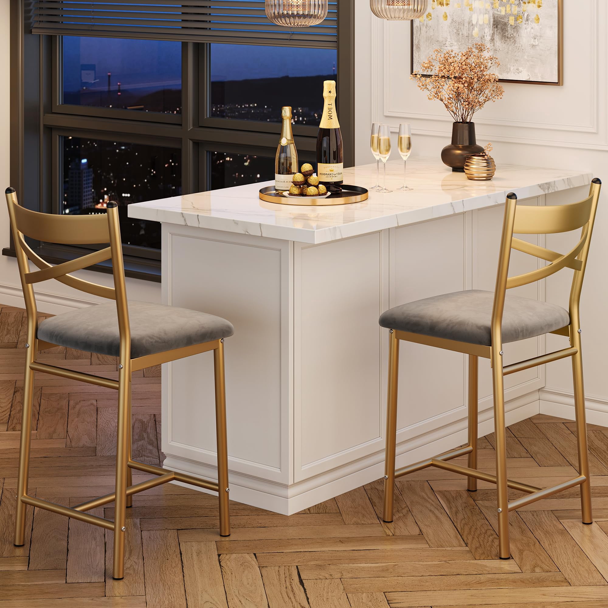 WildBreak 22 inch High Back Bar Stools Set of 2,Upholstered Bar Chairs with Back for Kitchen, Gold