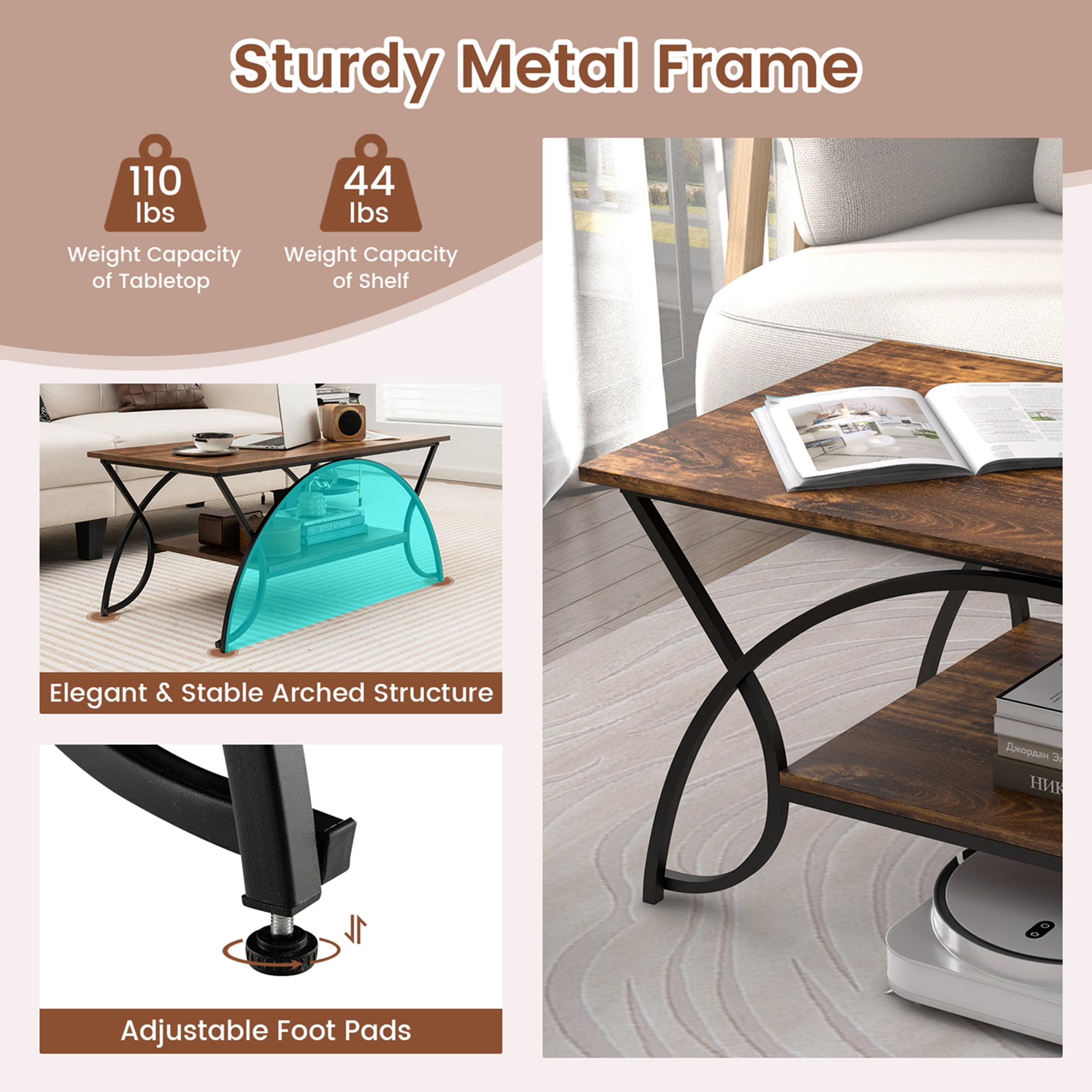 Costway 2-Tier Industrial Coffee Table Rectangular Cocktail Table with Storage Shelf Rustic Brown