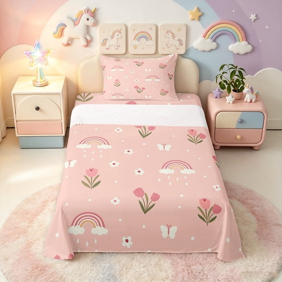 Manfei Cute Tulip Twin Sheets, Butterfly Rainbow Bedding, Pink, 3pcs, 1 Flat Sheet, 1 Fitted Sheet and 1 Pillowcase
