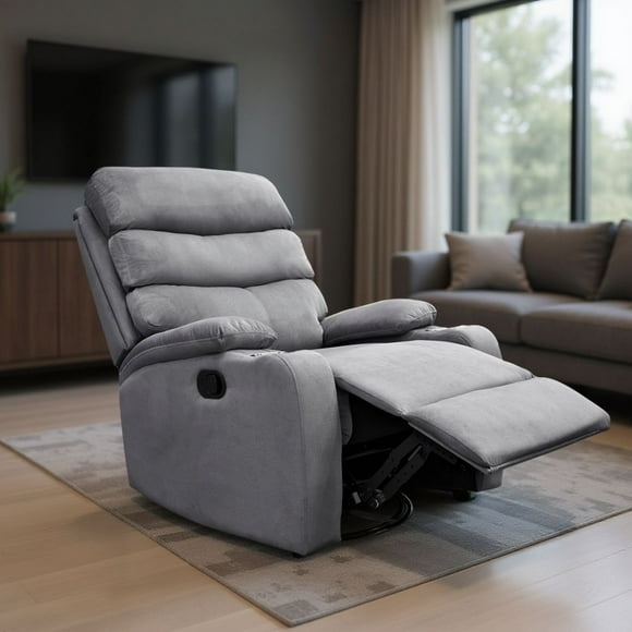 Sillón Reclinable De Tela Manual Moderno Mecedora Gris Liso