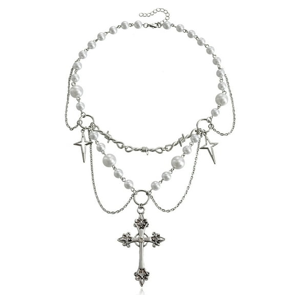 YIEMEEN Cross Rosary Necklace Gothic Layered Necklace Punk Choker Sweater Chain Gift