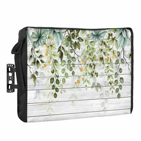 Outdoor TV Cover 48 to 50 Inches, Green Eucalyptus Leaves Abstract Branch Retro Wood Grain Waterproof TV Cover with Remote Control Pocket, Flat Screen TV Cover Protector for Outside TV