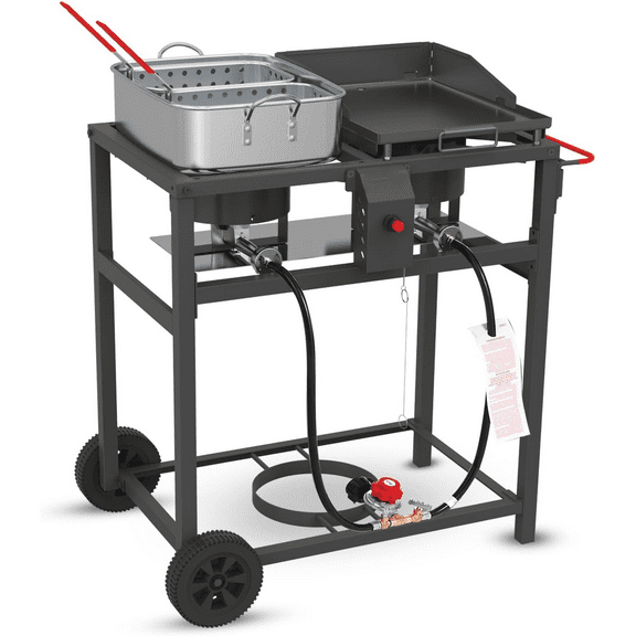 Outdoor Propane Deep Fryer and Griddle Combo, Portable 2-in-1 Cooking Station with Double Burner Propane Stove and Wheels, Ideal for Outdoor BBQ, Camping, and Tailgating