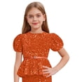 thumbnail image 3 of inlzdz Kids Girls Sequin Velvet Tops Sparkle Glitter Dressy Blouse Puff Sleeve Peplum Tops with Belt Orange 16, 3 of 5