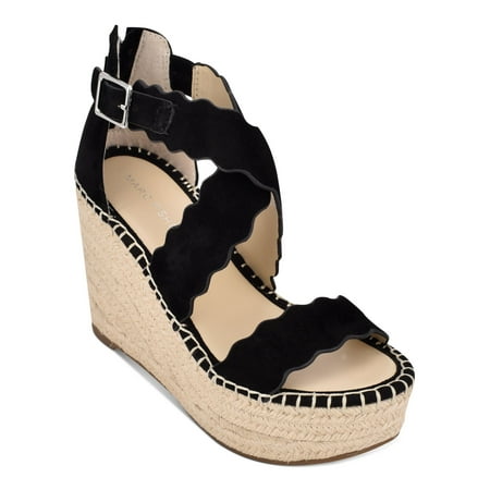 

MARC FISHER Womens Black Scalloped Crisscross Straps 1-1/2 Platform Gore Woven Lining Comfort Buckle Accent Calita Round Toe Wedge Zip-Up Leather Espadrille Shoes 8.5 M