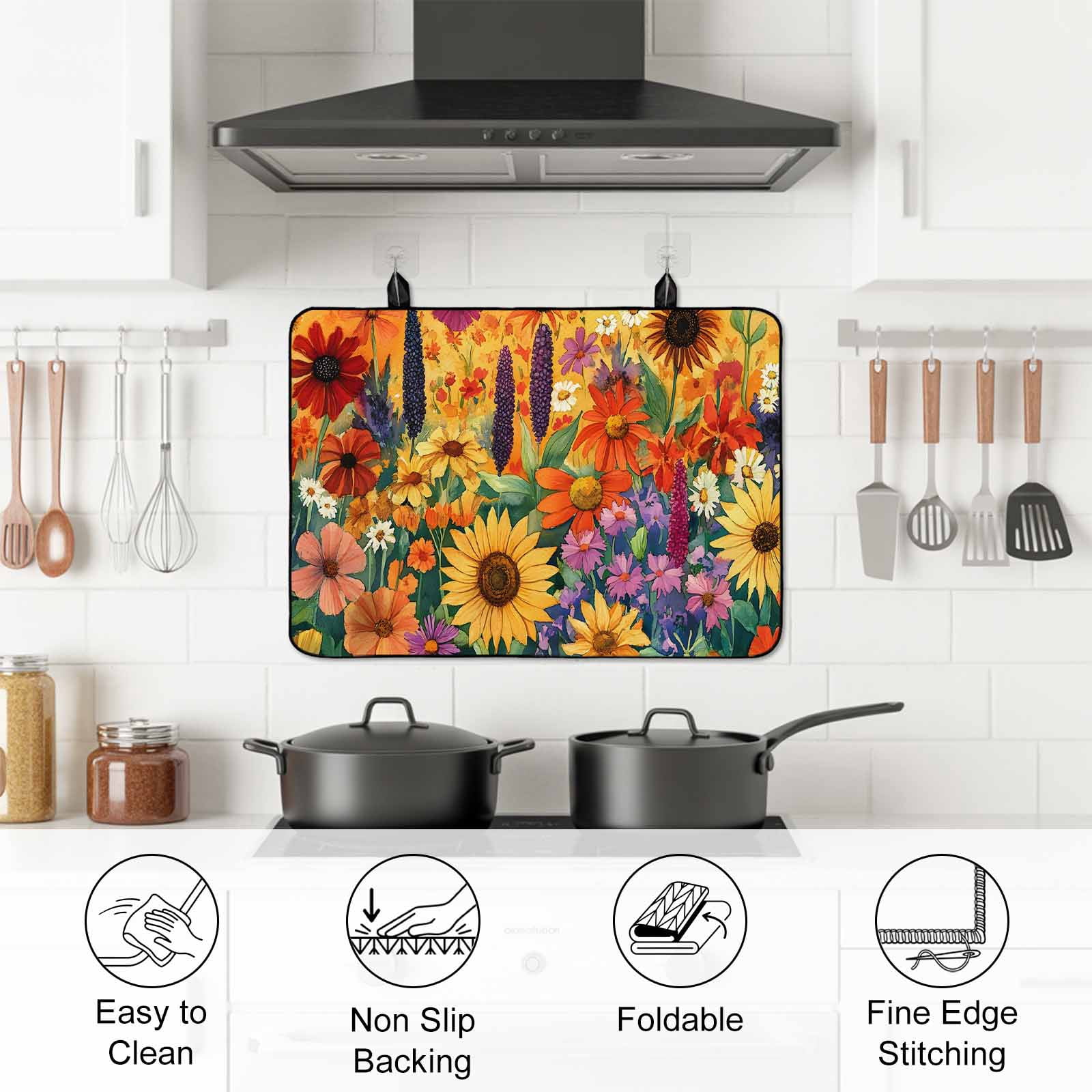 Colorful Flowers Stove Top Cover for Electric Stove, Heat-proof & Non Slip Glass Top Stove Cover Protector, Farmhouse Sunflower Daisy Kitchen Flat Cooktop Rubber Mat 24x21 Inches