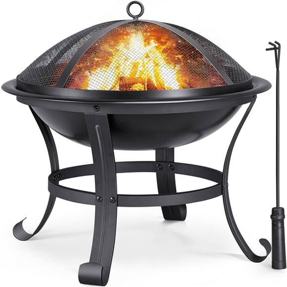 Yaheetech 22inch Outdoor Round Fire Pit with Mesh Screen Cover Fire Poker Log Grate for Patio BBQ Camping Bonfire