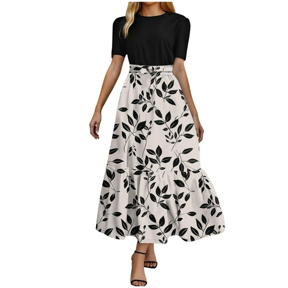 vigerkar Maxi Dresses for Women Summer Short Sleeve Floral Long Dress Elegant Party Cocktail A Line Flowy Fall Dress Beige, M