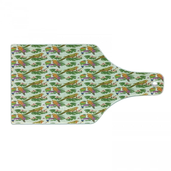 Exotic Cutting Board, Vivid Parrots on Floral Branches with Orchids and Philodendron, Decorative Tempered Glass Cutting and Serving Board, in 3 Sizes, by Ambesonne