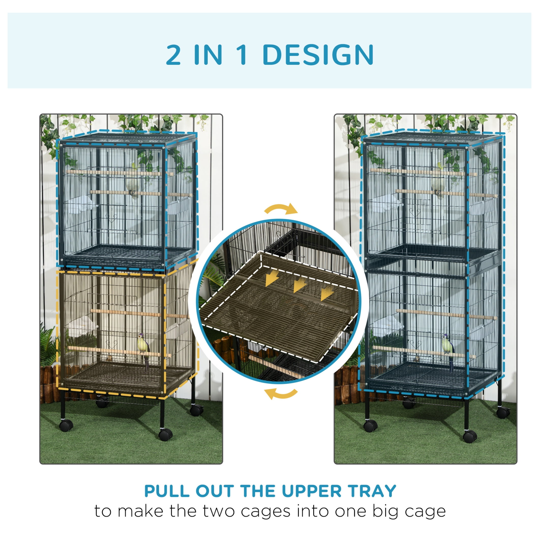 Large Bird Cage 55" with Wide 1.7ft Wingspan, Multi-Door Aviary for Canary, Finch, Conure - Black