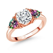 Gem Stone King 18K Rose Gold Plated Silver White Moissanite and Green Mystic Topaz 3 Stone Engagement Ring for Women (2.90 Cttw, Gemstone Birthstone, Available in Size 5, 6, 7, 8, 9)