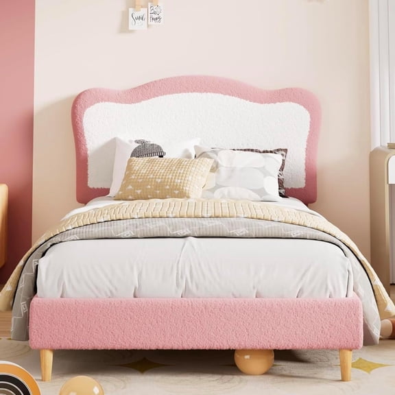 Full Boucle Upholstered Platform Bed with Headboard – Wooden Slats Support, Noise-Free, Easy Assembly, Pink