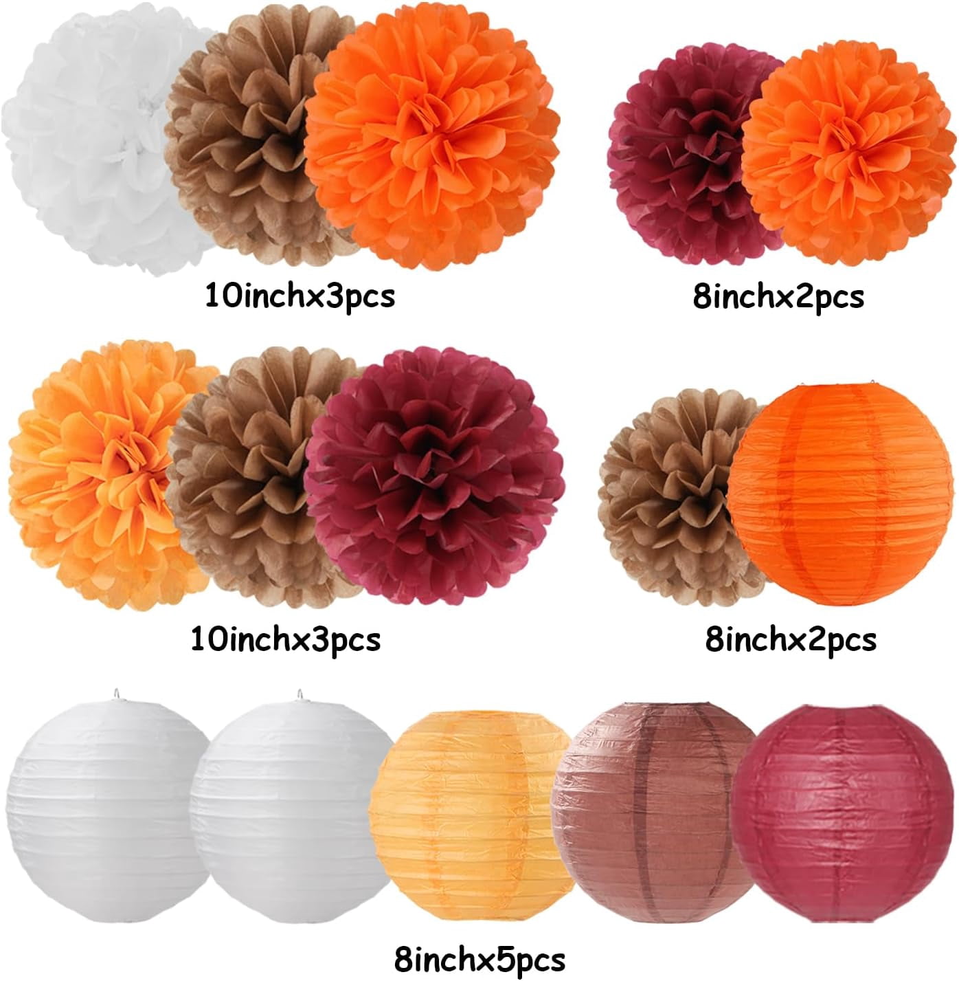 NestE-Brown Burgundy-Orange Party-Decorations Paper-Flowers Lanterns - 15PCS Fall Boho Tissue Pom Poms Streamers,Baby Bridal Shower Rustic Wedding Neutral Birthday Coffee Halloween ThanksgivingDecor