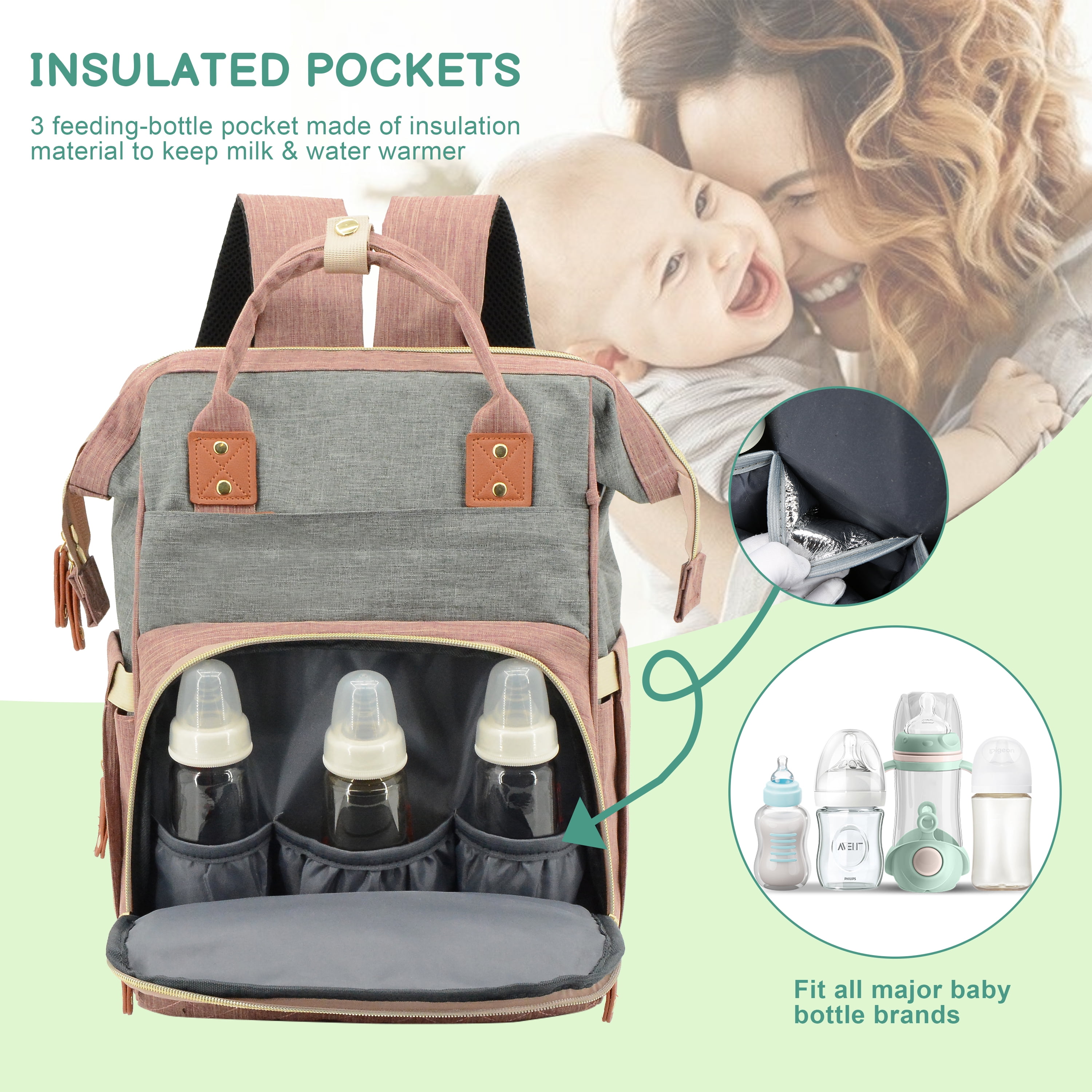 DERSTUEWE Baby Diaper Bag Backpack, Multifunctional Waterproof Portable Baby Bag for Travel， Pink Grey