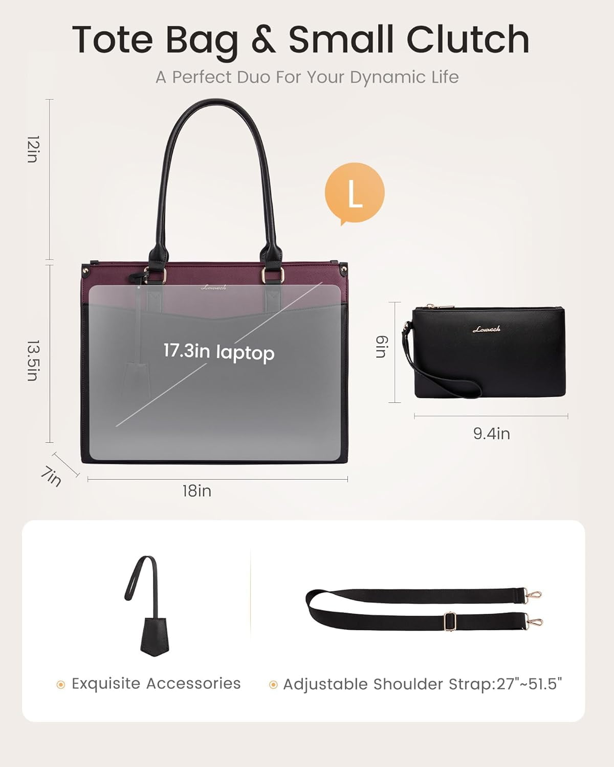 LOVEVOOK Laptop Bag for Women, 2-in-1 Tote Purse with Clutch & Cup Holder, Waterproof Briefcase for Work Travel