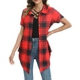 thumbnail image 2 of Fantaslook Short Sleeve Womens Button Down Shirts Casual Plaid Blouses Tunic Tops Irregular Hem, 2 of 8