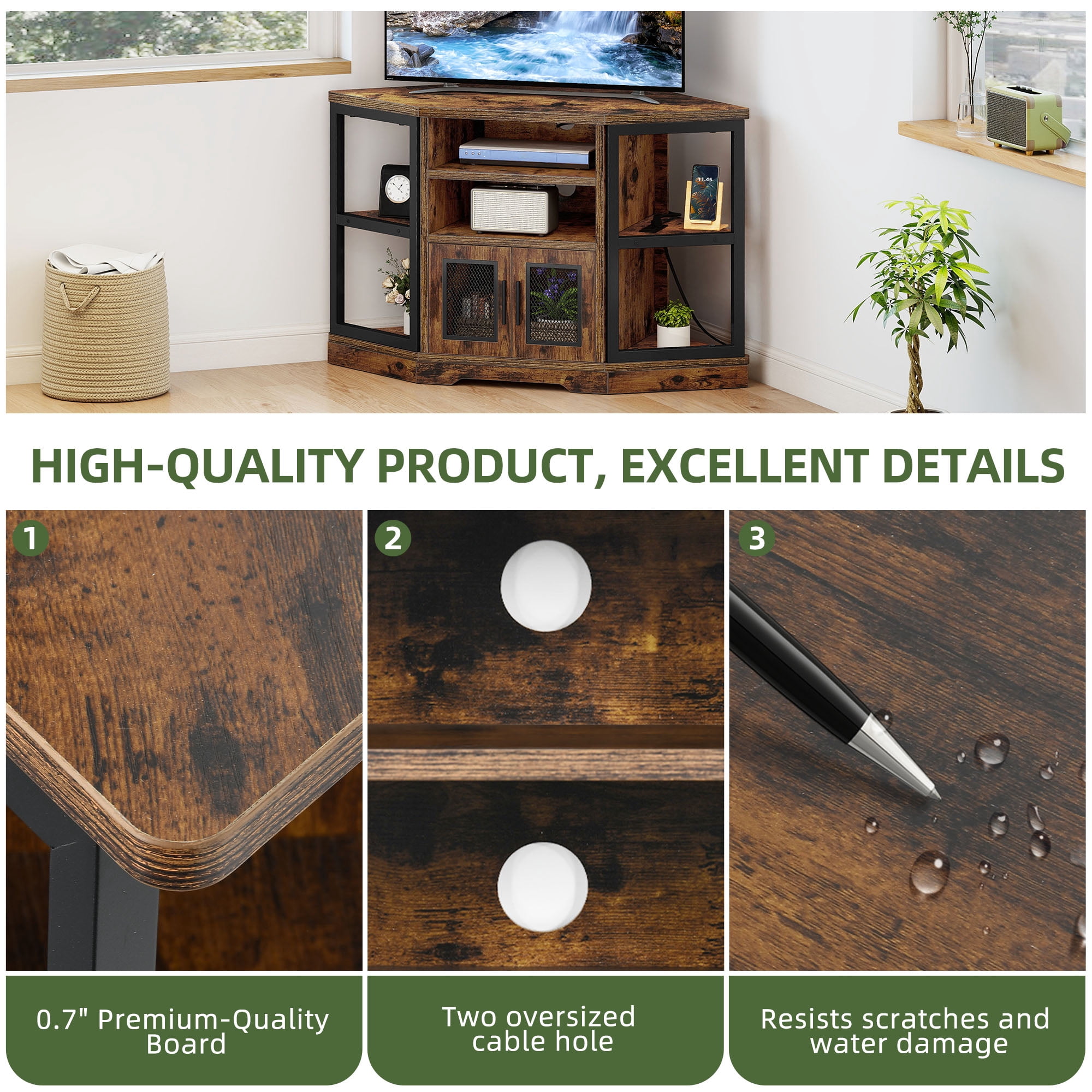 Uforic Corner TV Stand for TVs up to 55", Farmhouse Entertainment Center with Power Outlet,Brown